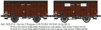 REE Set de 2 wagons couverts SNCF OCEM 19 ep IIIA (set avec 2 wagons essieux pleins) Echelle HO